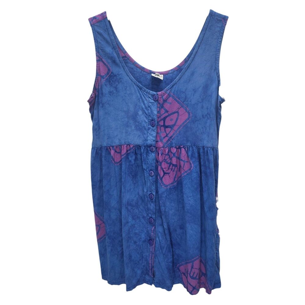 Boho-Chic Go Fish Batik Dress Womens Large Blue Purple Sleeveless 90s Retro